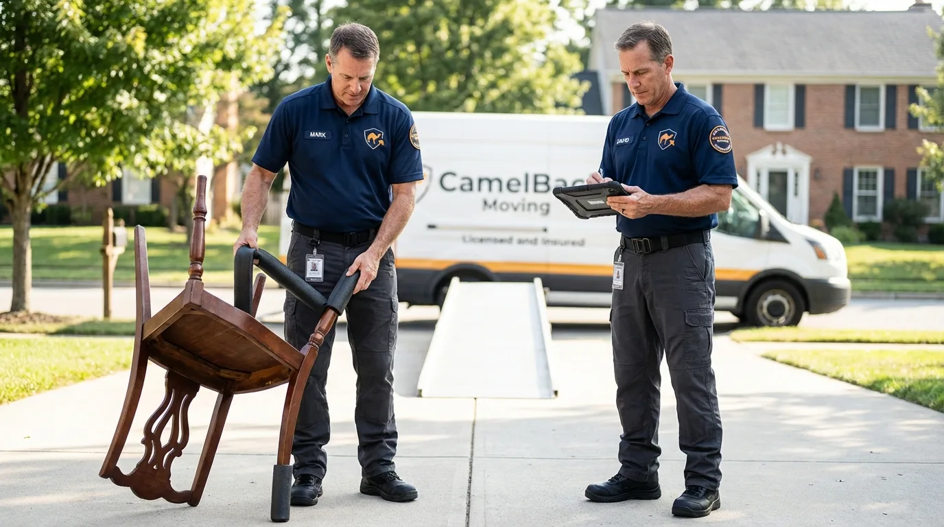 Movers inspecting furniture for damage prevention before loading in Keeseville, NY